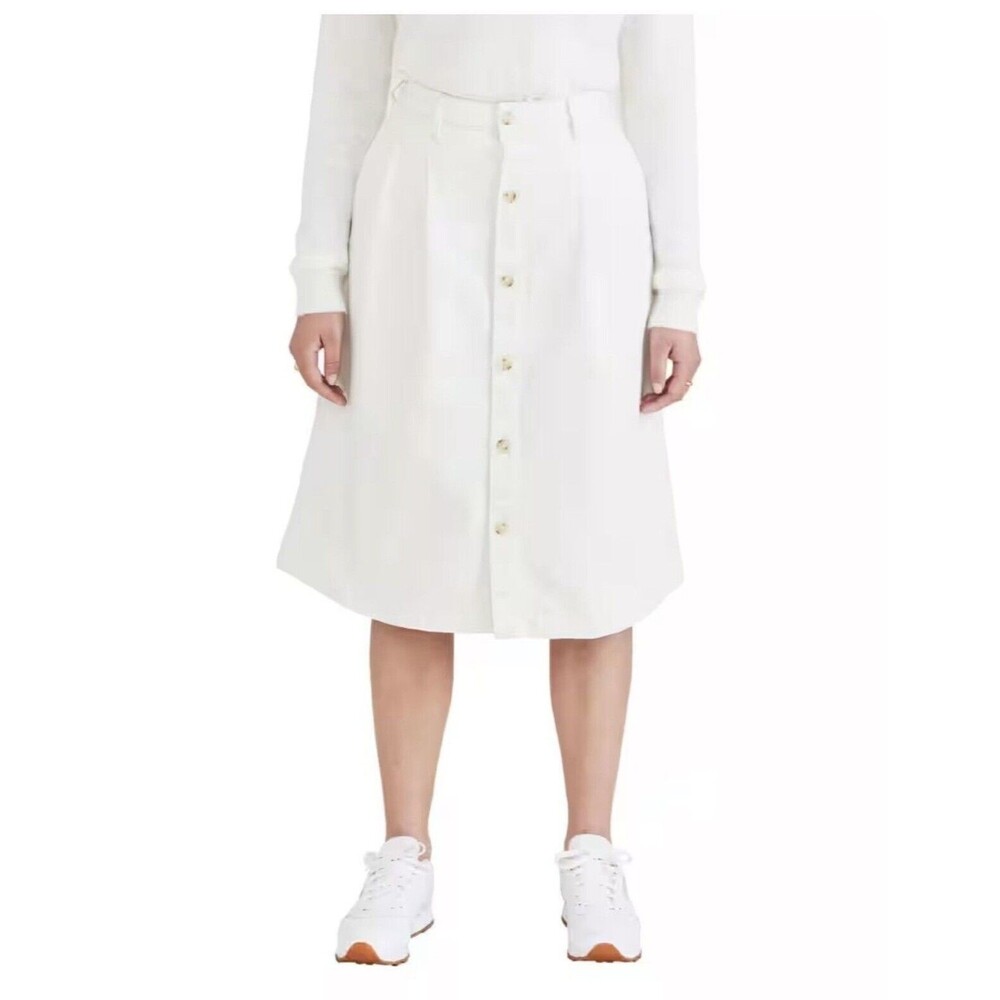Dockers White Denim A-Line Midi Skirt Women Size 28 Button Front 100% Cotton NWT